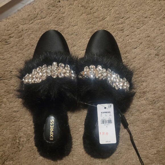 EXPRESS Faux Fur & Rhinestone Slide Slippers - Picture 3 of 3